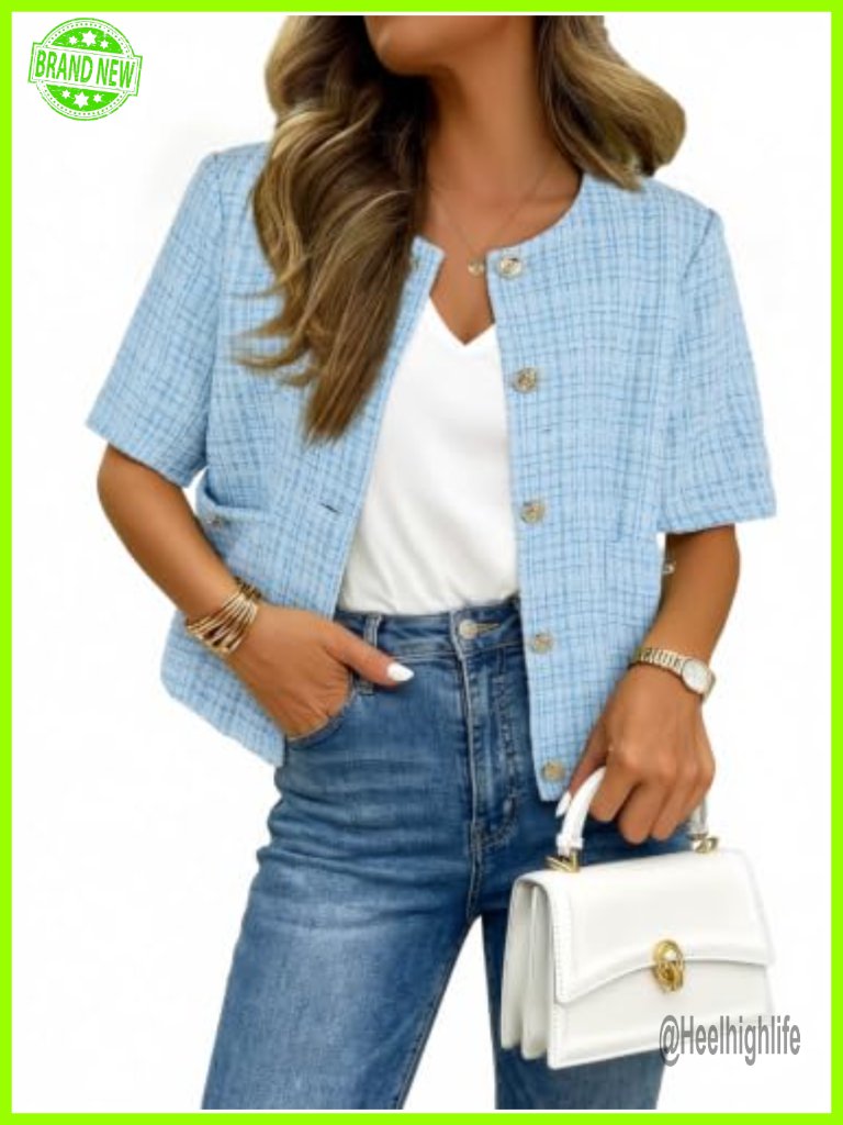 Short Sleeve Tweed Blazer Jacket Fully Lined Elegant Business Casual Coat With